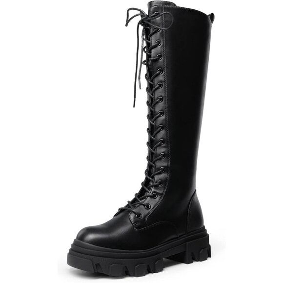 ⚡Women Black/Pu Polyurethane Combat Chunky Knee High Platform Lace Up Boots - Picture 1 of 5